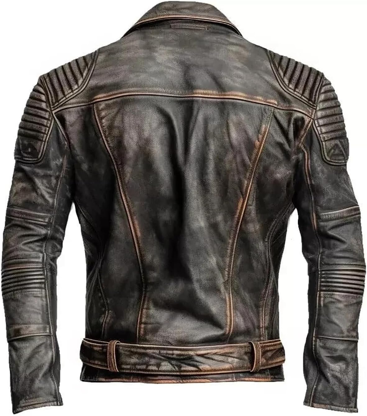 Men’s Distressed Leather Moto Jacket – Asymmetric Lapel Belted Biker Layer with Quilted Shoulder Panels for Autumn Streetwear Weekend Travel Evening Outings and Everyday City Wear