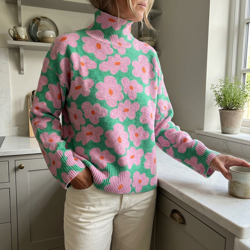 Aspen | Floral Roll Neck Knit Turtleneck Sweater