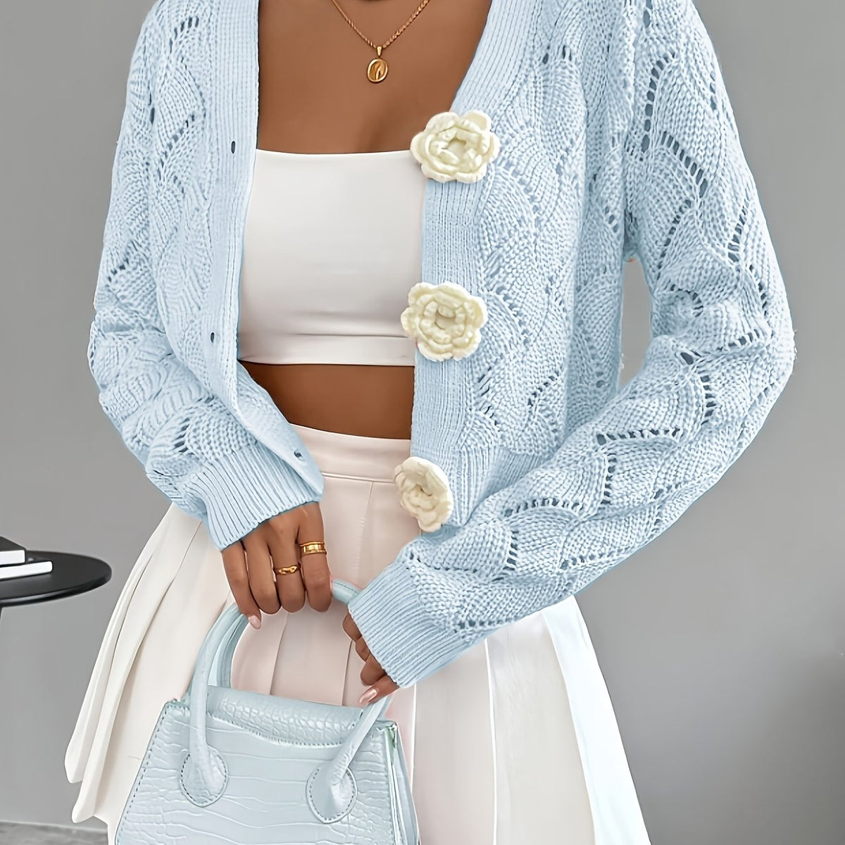Heidi | Crochet Knit 3D Floral Buttons Cardigan