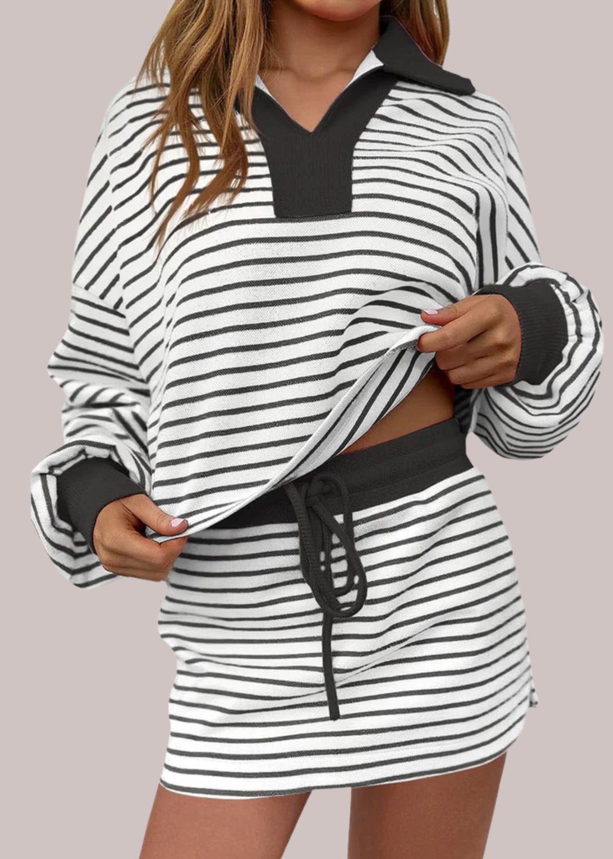 Women’s Relaxed Long Sleeve Polo Top and Drawstring Skort Set – Printed Two-Piece Summer Outfit for Casual Everyday Wear