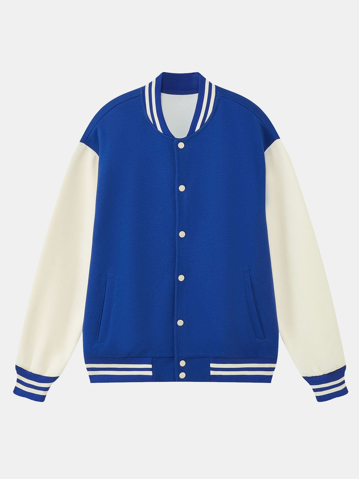 Men's Contrast Sleeve Varsity Baseball Jacket – Classic Cotton Snap-Button College Outerwear with Striped Ribbed Trims for Spring and Autumn