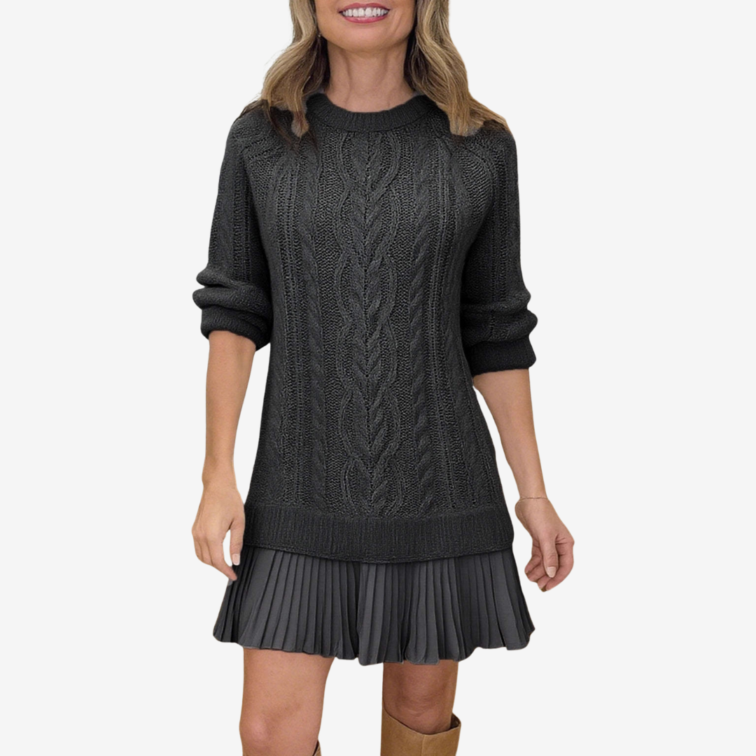 Women's Elegant Cable Knit Mini Dress with Pleated Skirt Hem and Classic Crew Neck – Soft Textured Relaxed Fit Knitted Dress with Long Sleeves for Smart Casual Autumn and Winter Everyday Wear