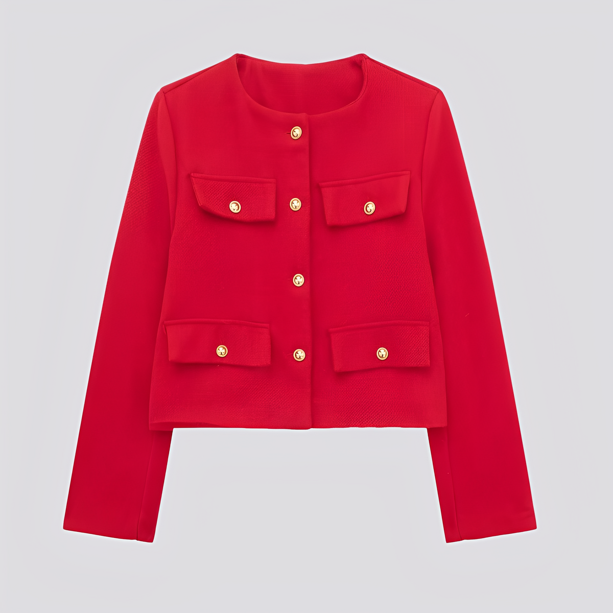 Women’s Cropped Collarless Jacket with Decorative Buttons and Flap Pockets – Elegant Tailored Layer for Smart Casual Wear