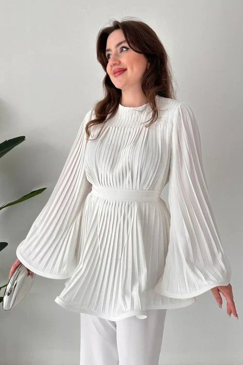 Women’s Pleated Belted Top and Wide-Leg Trouser Set – Elegant Two-Piece Outfit with Flowing Bell Sleeves for Work and Special Occasions