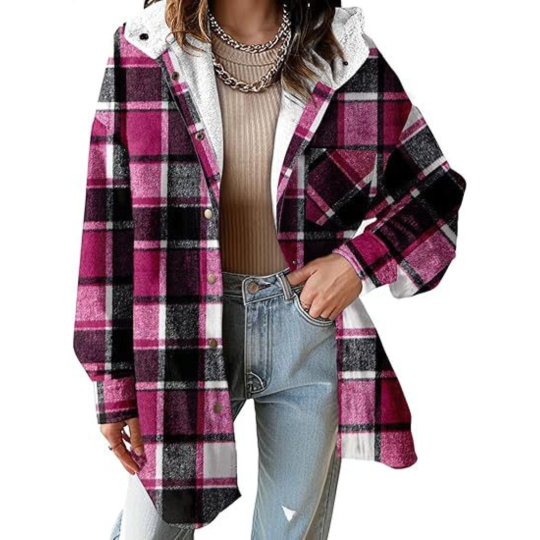 Women's Oversized Check Hooded Shirt Jacket