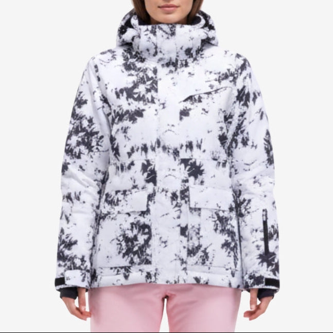 Women’s Abstract Print Hooded Puffer Jacket with High Collar and Zip Front – Warm Padded Winter Outerwear for Casual Everyday Wear