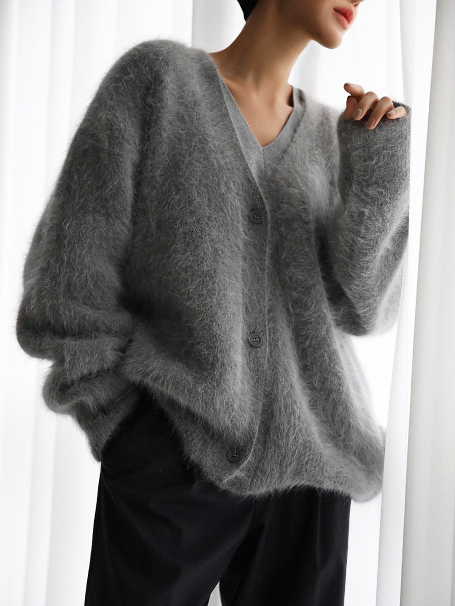 Women's Fluffy Wool Cashmere Blend Cardigan with Buttons – Soft V-Neck Knit for Autumn and Winter