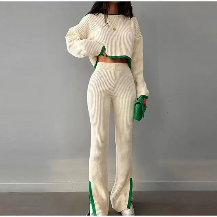 Women's Cropped Ribbed Knit Jumper and Flared Trousers Set – Relaxed Two-Piece Co-Ord for Autumn and Winter