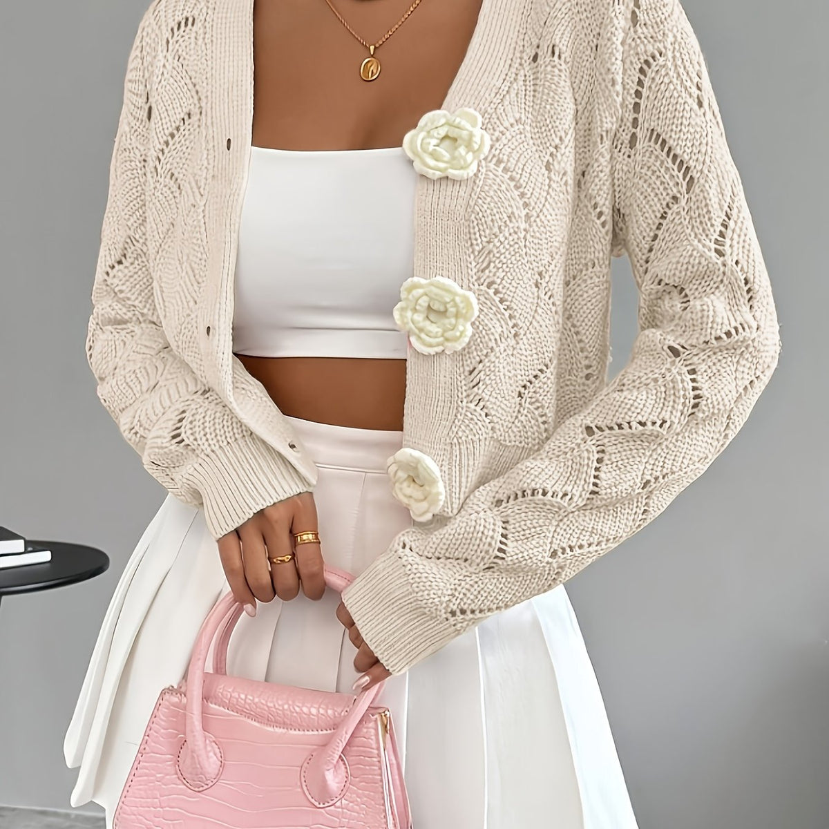 Heidi | Crochet Knit 3D Floral Buttons Cardigan