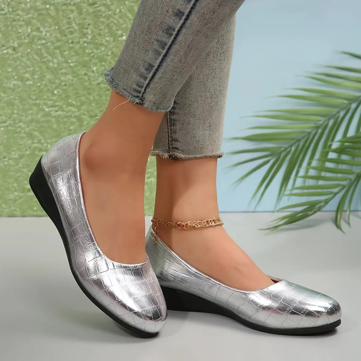 Women's Patent Wedge Shoes Croc-Effect Slip-On