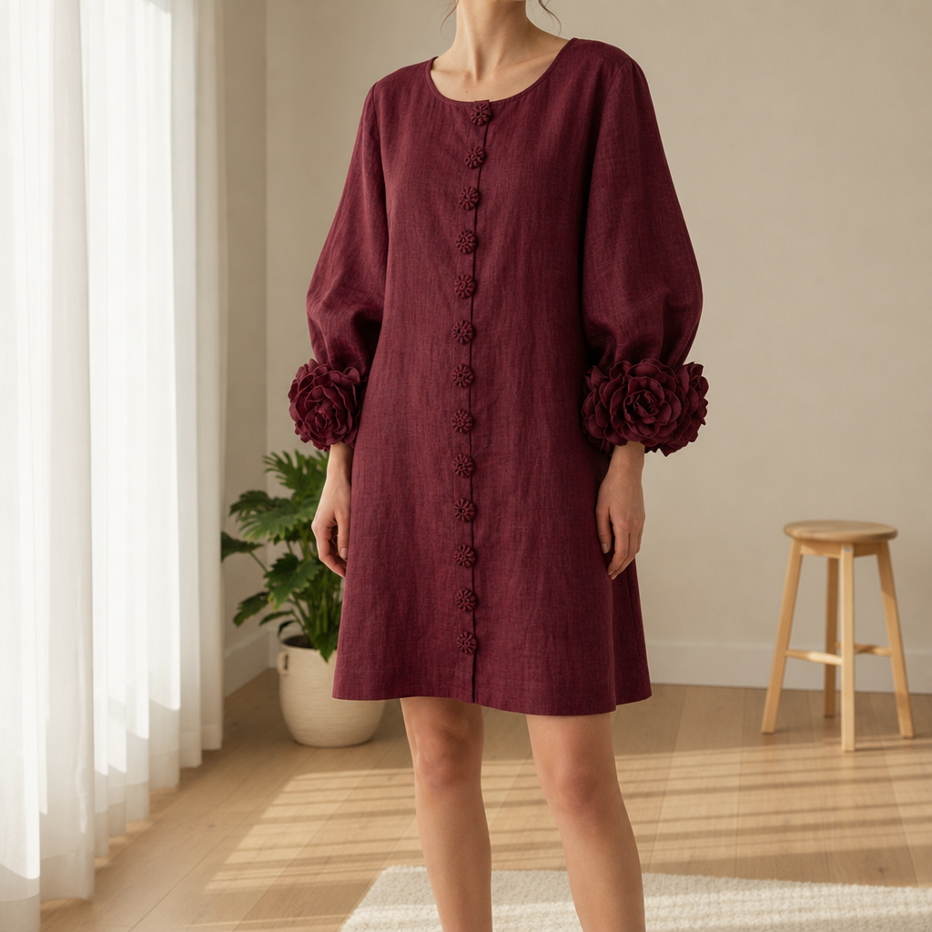 Marvao Rosette Cuff Linen Dress
