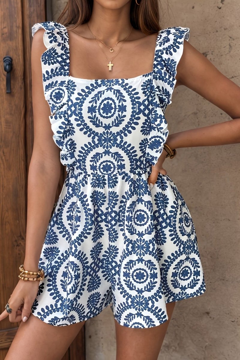 Women's Printed Ruffle-Strap Playsuit with Square Neckline – Lightweight Summer Romper for Holidays and Casual Wear