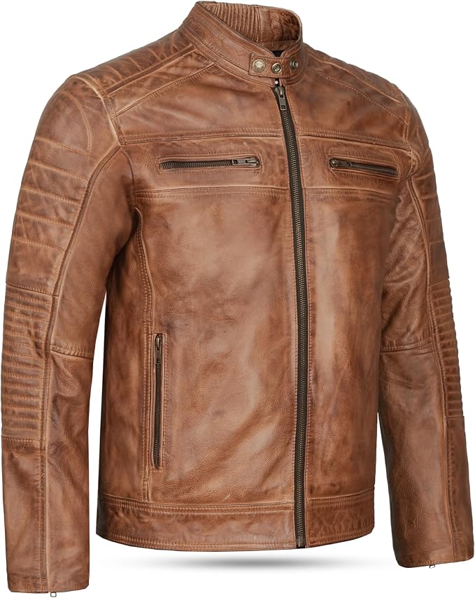 Men’s Distressed Genuine Leather Biker Jacket – Vintage Stand-Collar Zip-Up Motorcycle Layer with Quilted Panels for Autumn Travel Weekend Streetwear and Everyday City Styling