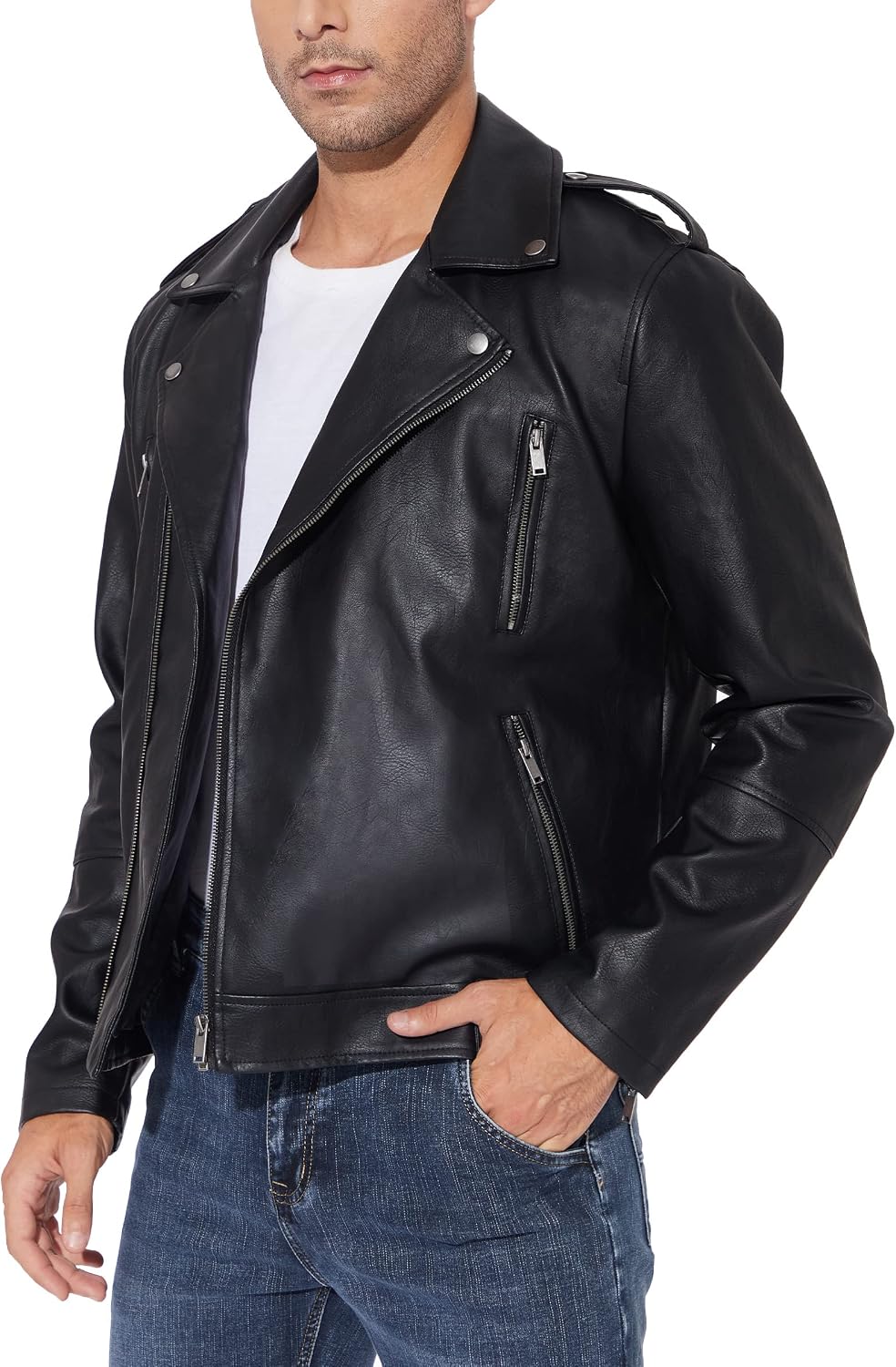 Men’s Asymmetric Faux-Leather Biker Jacket – Classic Lapel Zip-Up Motorcycle Layer with Multi-Zip Pockets and Shoulder Epaulettes for Autumn Streetwear Weekend Travel Evening Outings and Everyday City Styling