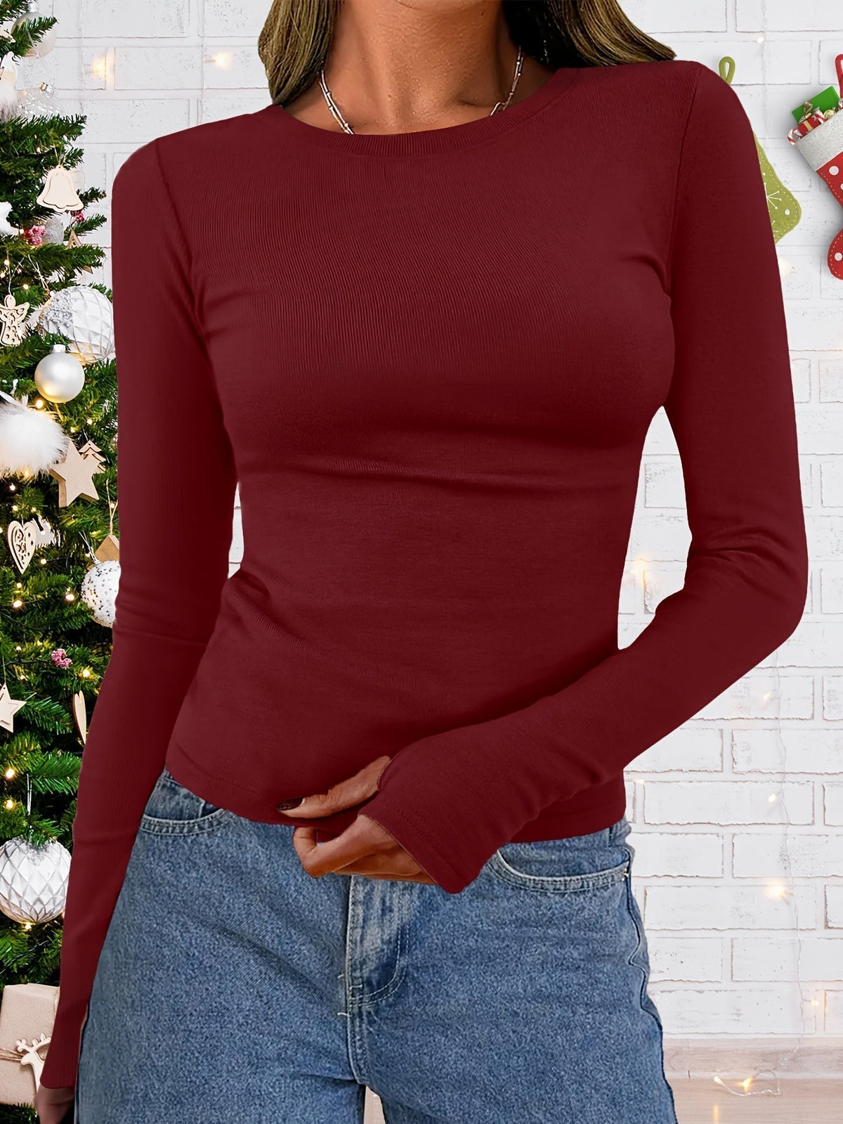 Women’s Fitted Long-Sleeved Crew Neck Top – Soft Stretch Fabric for Everyday Wear and Autumn Layering