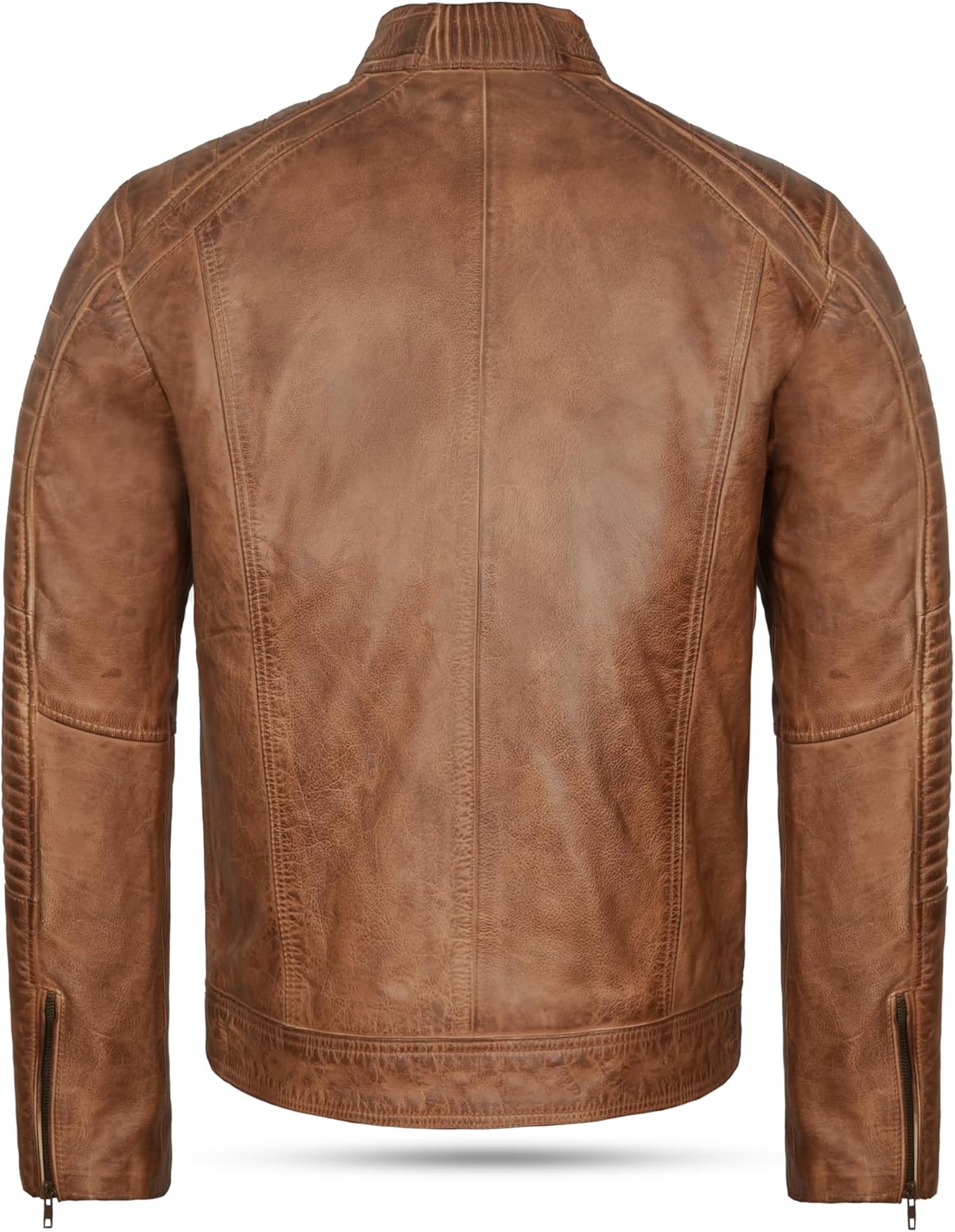 Men’s Distressed Genuine Leather Biker Jacket – Vintage Stand-Collar Zip-Up Motorcycle Layer with Quilted Panels for Autumn Travel Weekend Streetwear and Everyday City Styling