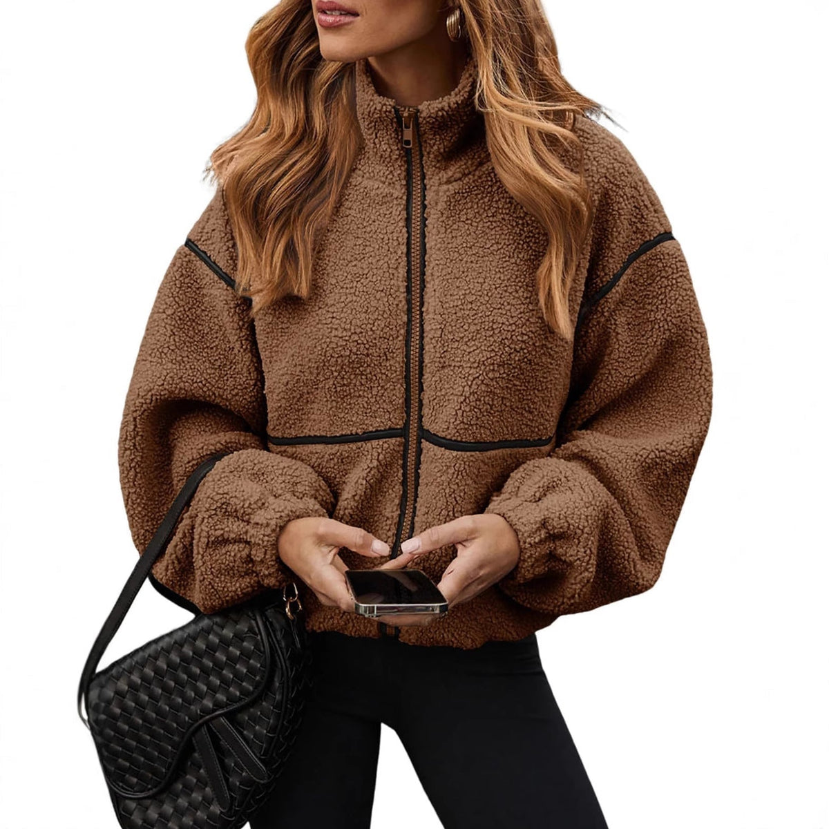 Women’s Plush Teddy Fleece Zip-Up Jacket with High Stand Collar and Contrast Piping – Cosy Relaxed Winter Outerwear for Everyday Wear