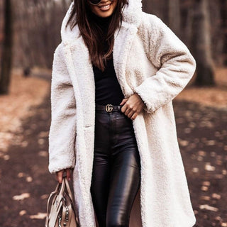 Women's Hooded Longline Teddy Coat with Button Front