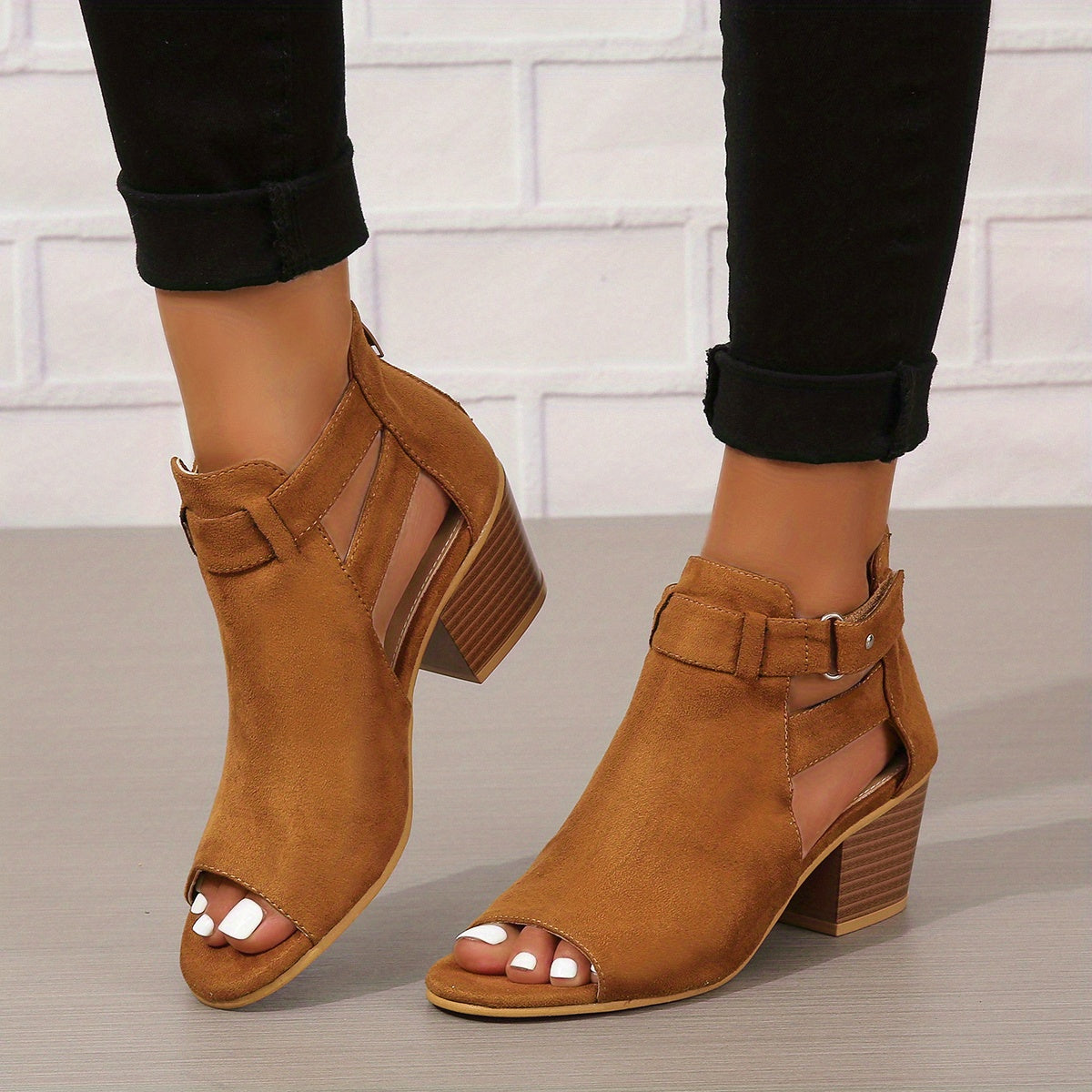 Isabel - Women’s Heeled Sandals – Open Toe – Block Heel – Cutout Ankle Boot Style