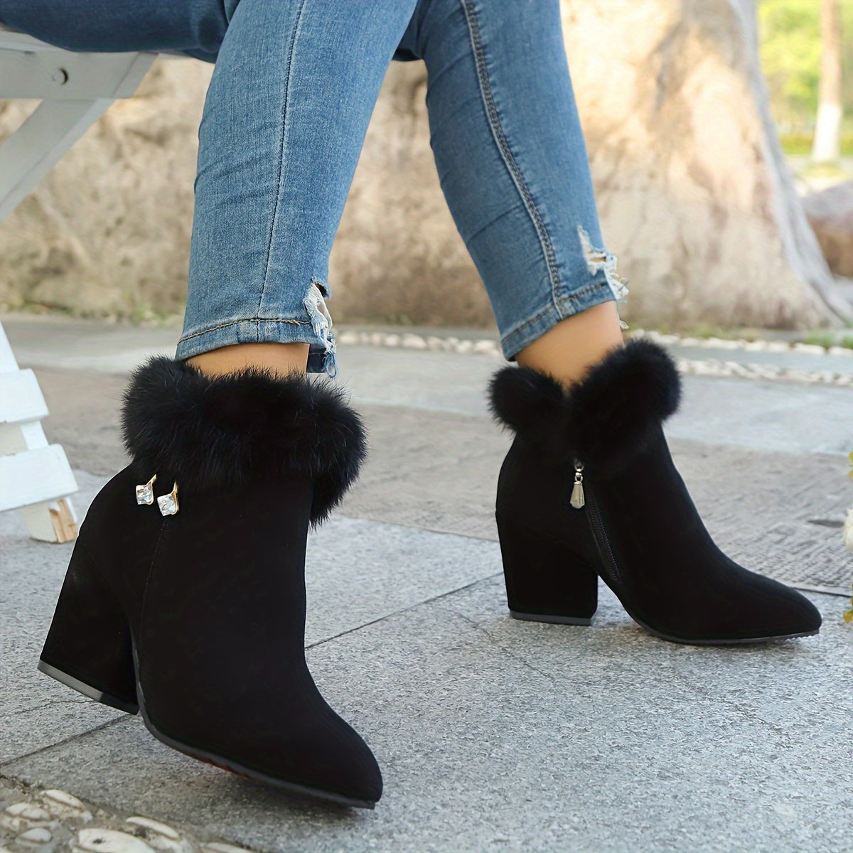 Women's Faux-Fur Trim Ankle Boots Block Heel Side Zip