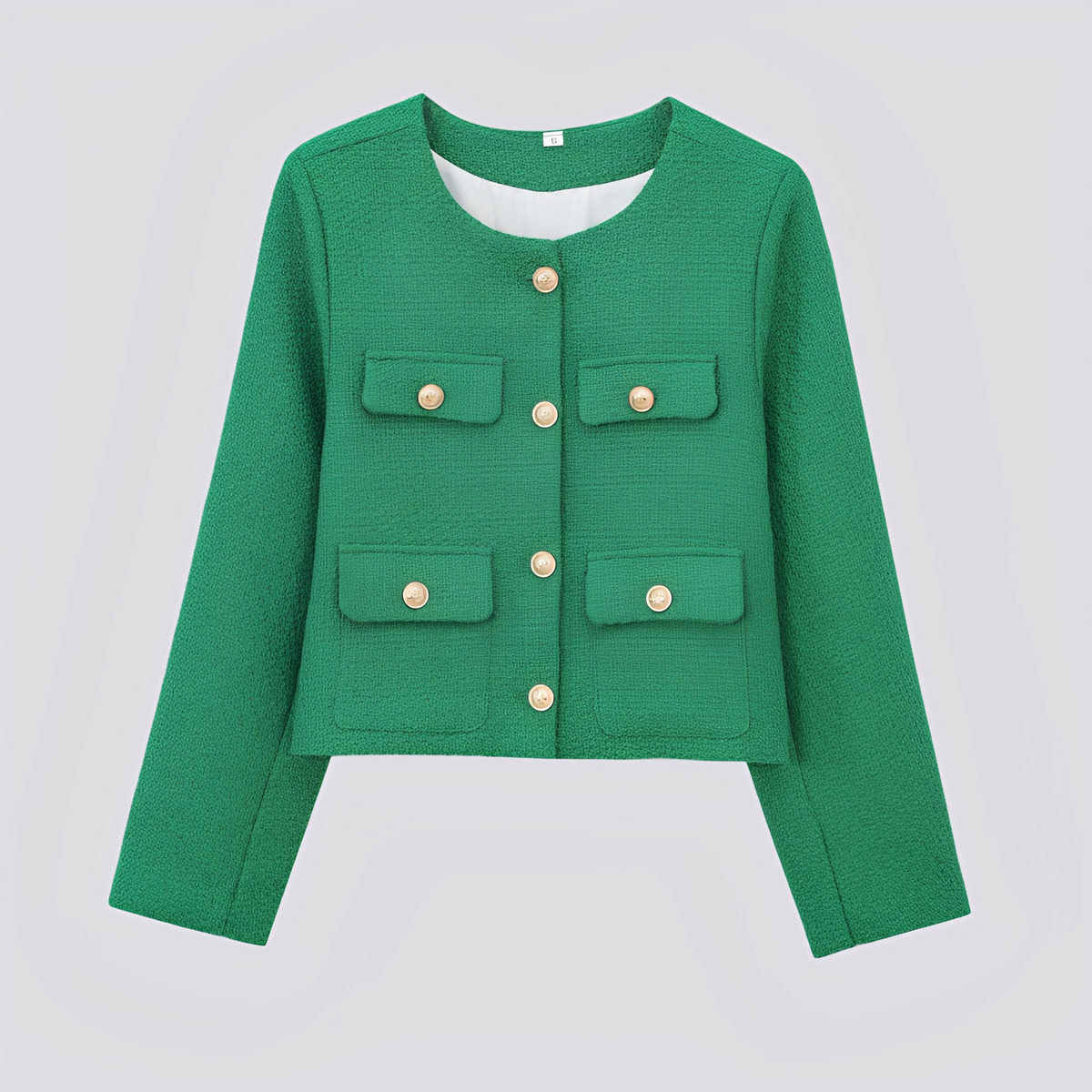 Women’s Cropped Collarless Jacket with Decorative Buttons and Flap Pockets – Elegant Tailored Layer for Smart Casual Wear