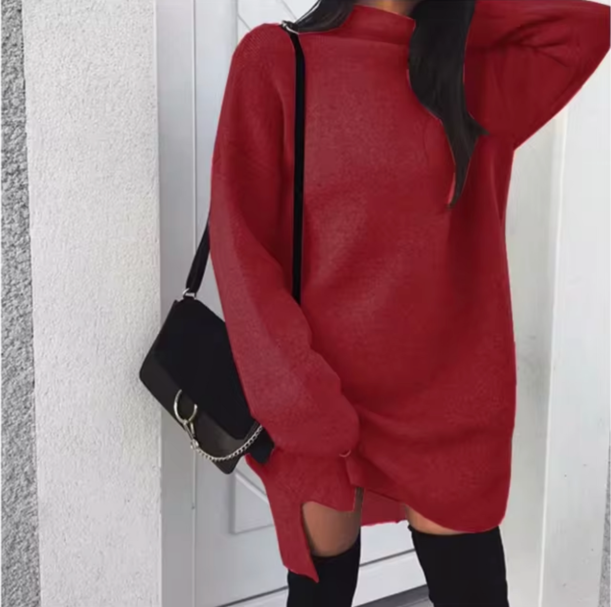 Women’s Wool and Cashmere Sweater Dress with High Neck and Side Splits – Oversized Knitted Mini Style for Cosy Autumn and Winter Dressing