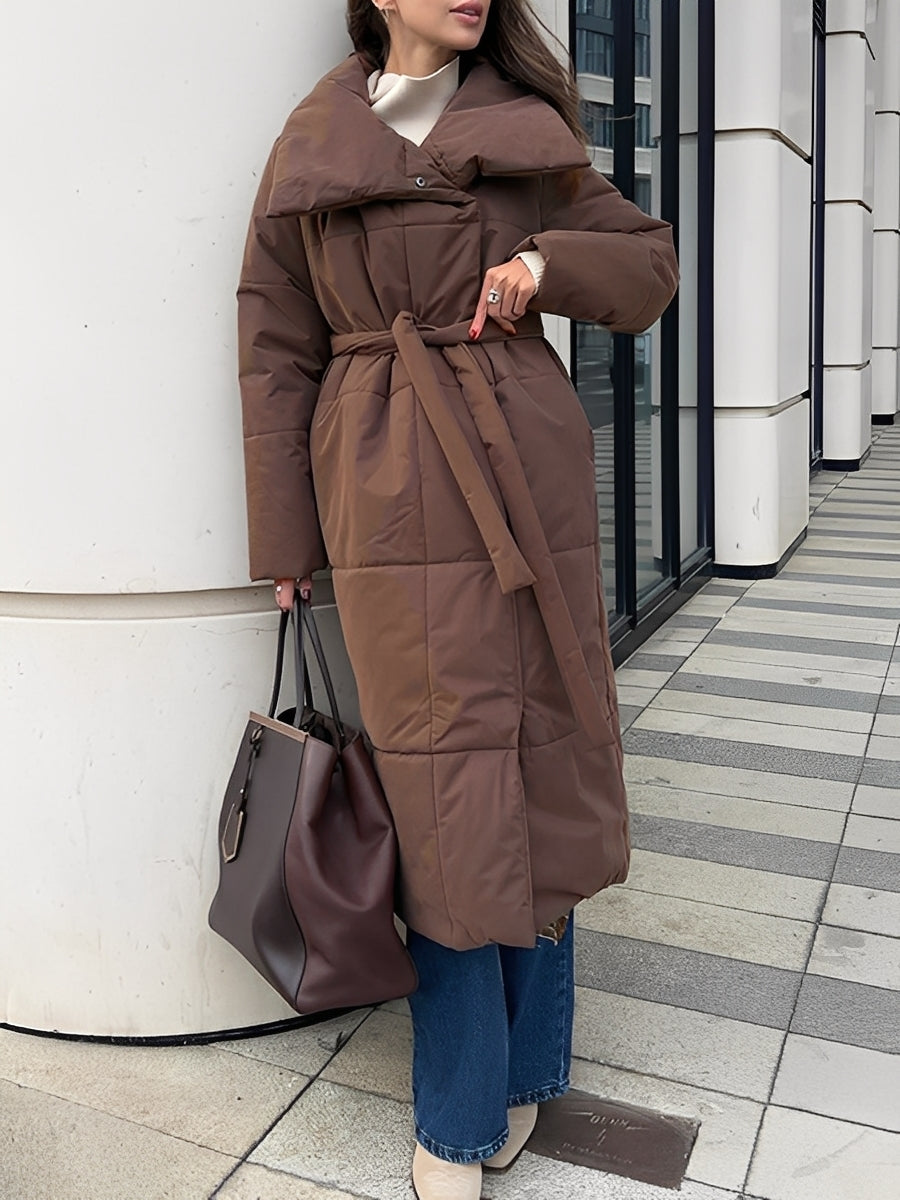 Women’s Longline Quilted Puffer Winter Coat with Oversized Shawl Collar – Warm Relaxed Padded Outerwear for Cold Weather