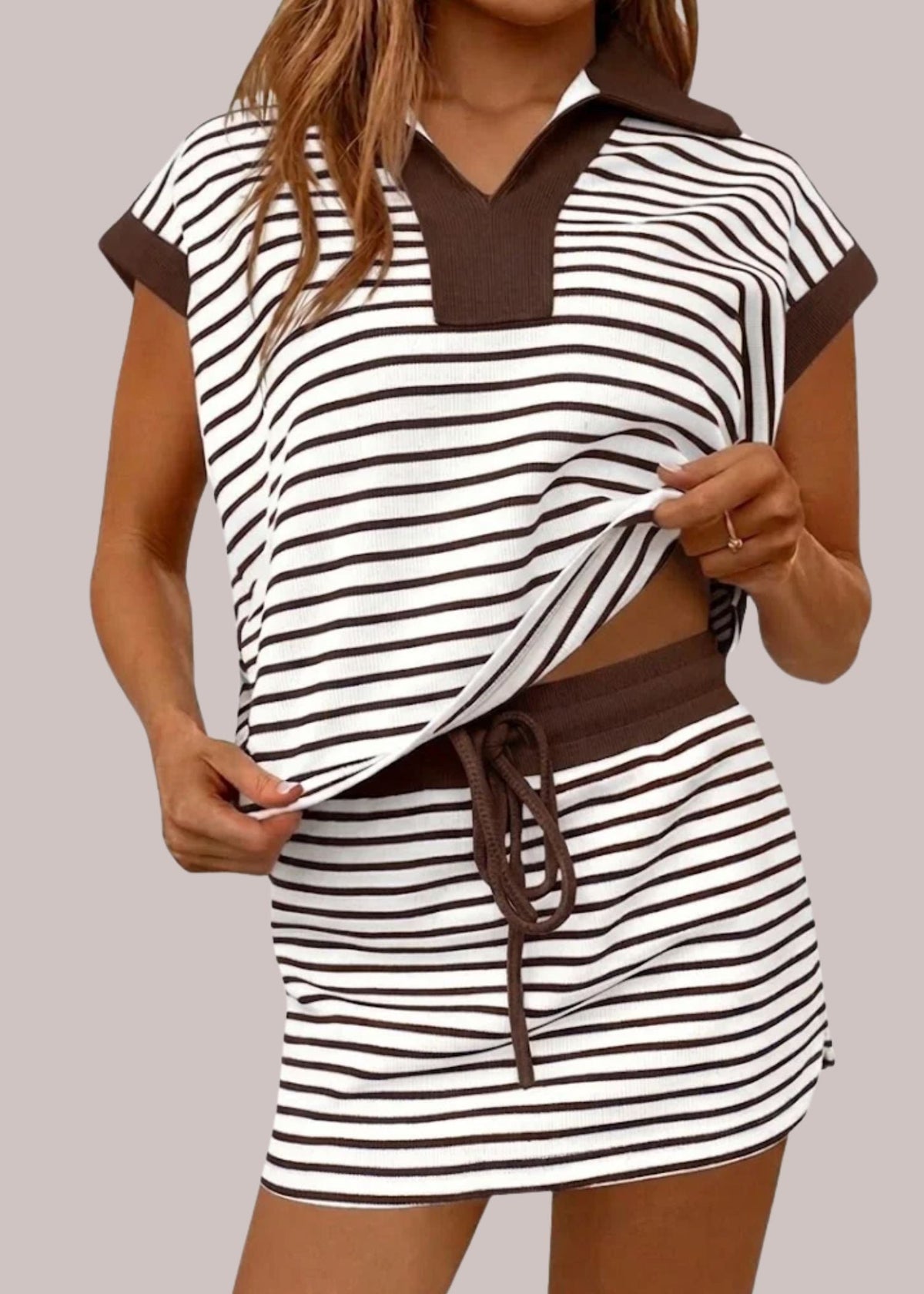 Women’s Relaxed Long Sleeve Polo Top and Drawstring Skort Set – Printed Two-Piece Summer Outfit for Casual Everyday Wear