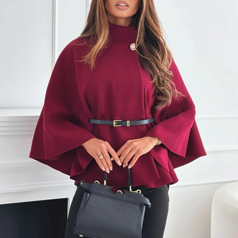 Women's Belted Cape with High Neck and Wide Sleeves