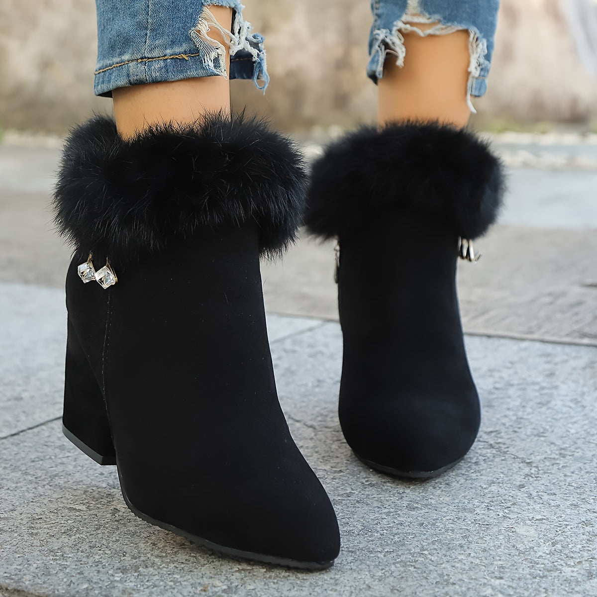 Women's Faux-Fur Trim Ankle Boots Block Heel Side Zip