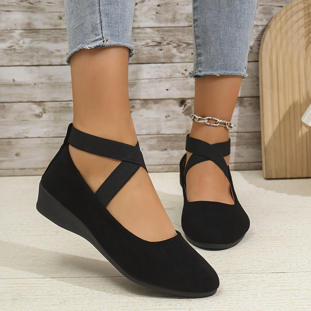 Women's Mary Jane Ballet Flats with Elastic Crossover Straps