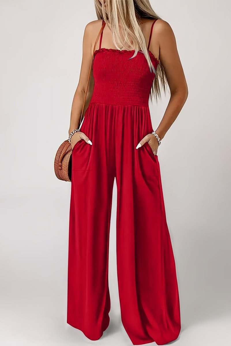 Women's Shirred Wide-Leg Jumpsuit with Spaghetti Straps – Relaxed Summer One-Piece for Holidays and Casual Wear