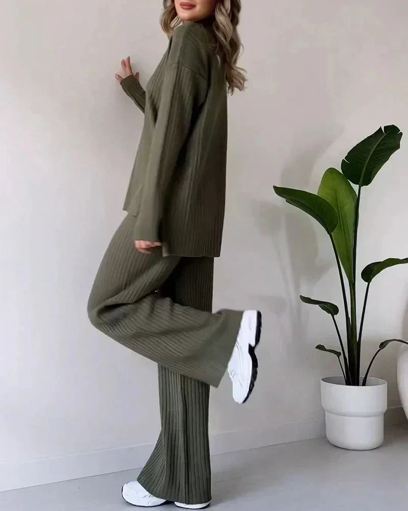 Women's Ribbed High-Neck Jumper and Wide-Leg Trousers Set