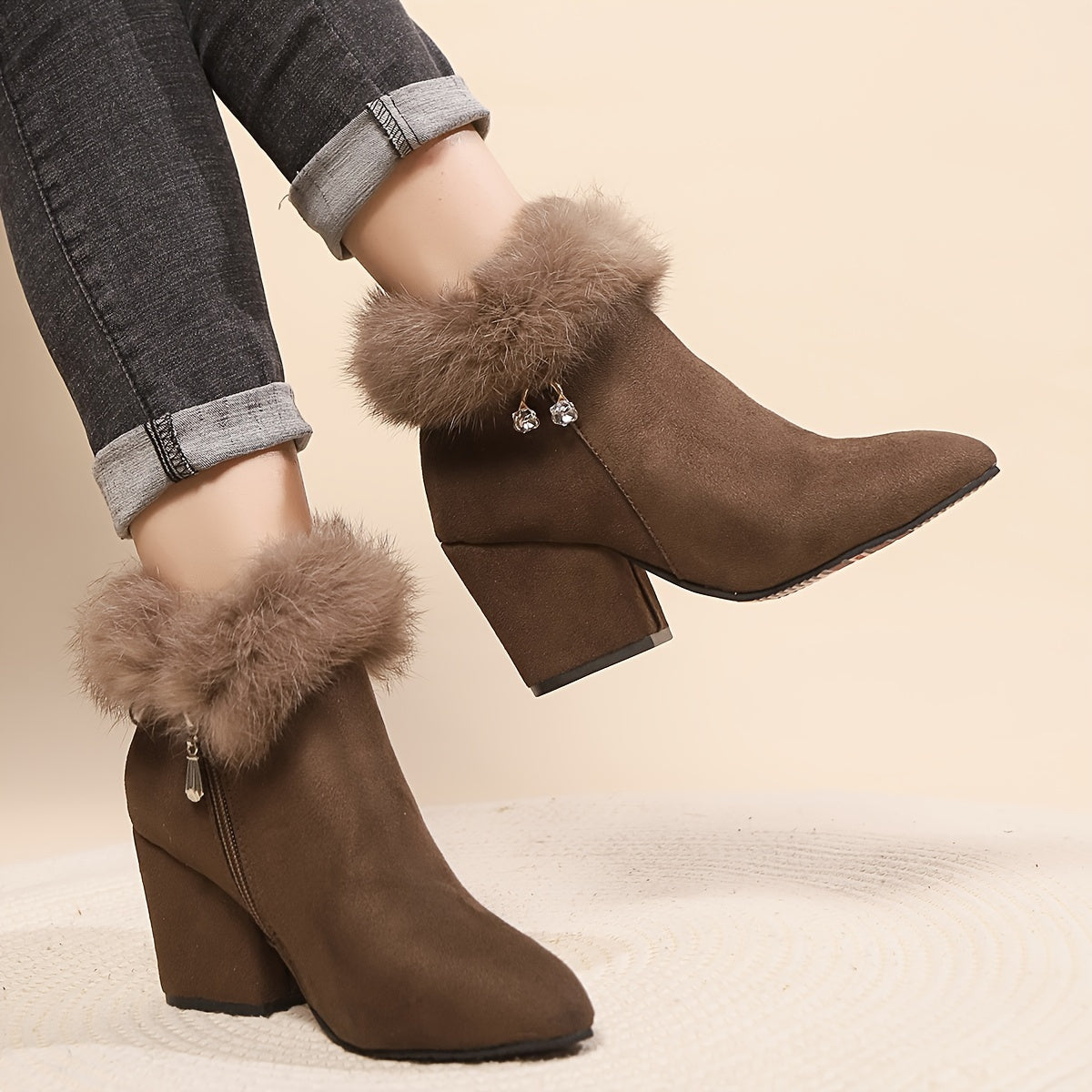 Women's Faux-Fur Trim Ankle Boots Block Heel Side Zip