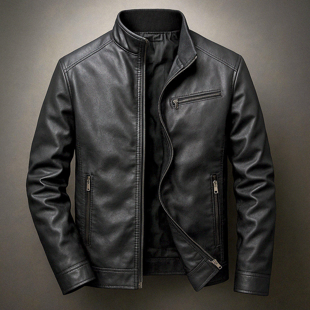 Men’s Zip-Up Leather Look Biker Jacket