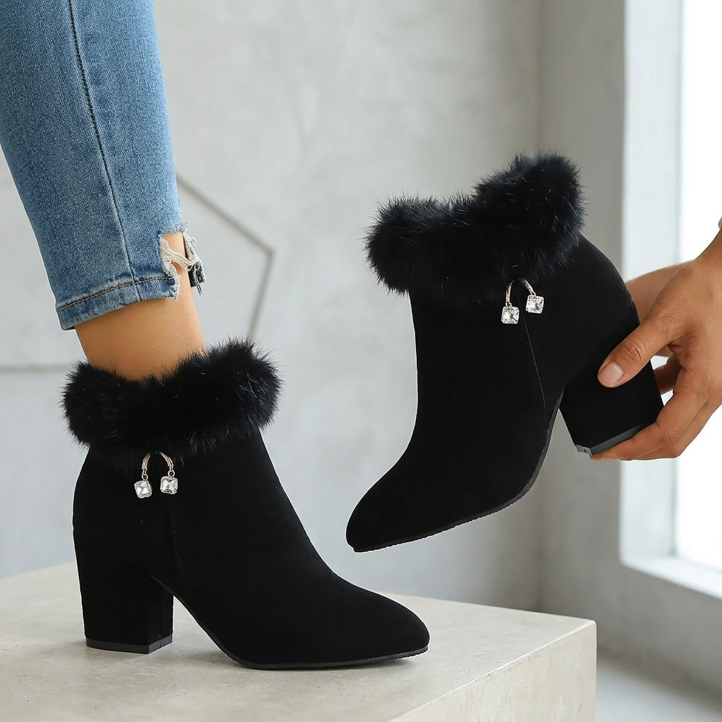 Women's Faux-Fur Trim Ankle Boots Block Heel Side Zip