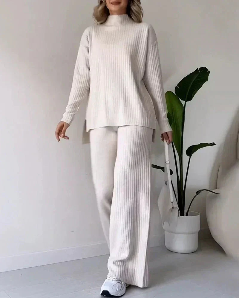 Women's Ribbed High-Neck Jumper and Wide-Leg Trousers Set