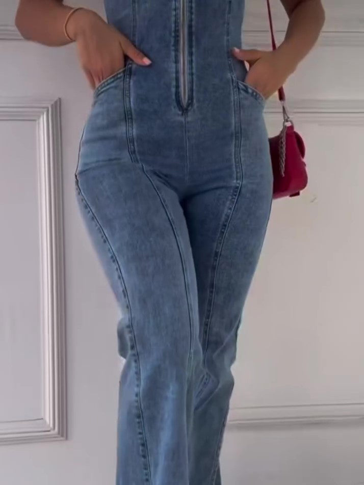 Women's Zip-Front Denim Jumpsuit with Fitted Bodice – Wide-Leg Casual Style for Everyday Wear