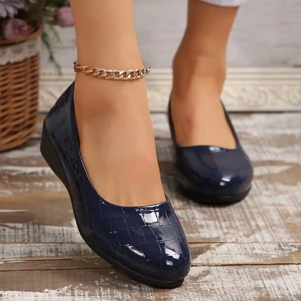 Women's Patent Wedge Shoes Croc-Effect Slip-On