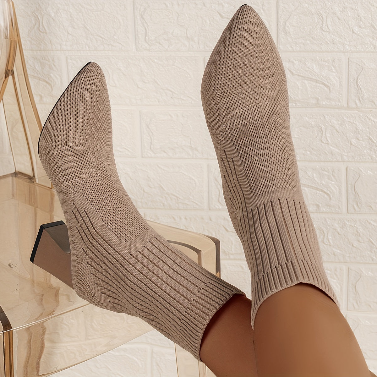 Women's Stretch Knit Sock Ankle Boots with Block Heels – Elegant Pointed Toe Style for Autumn