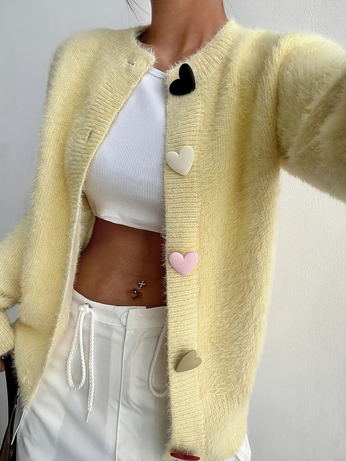 Fleur | Fluffy Cropped Heart Buttons Cardigan