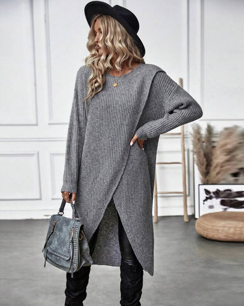 Women's Ribbed Sweater Dress with Side Slit Long Sleeve