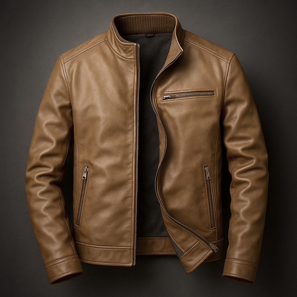 Men’s Zip-Up Leather Look Biker Jacket