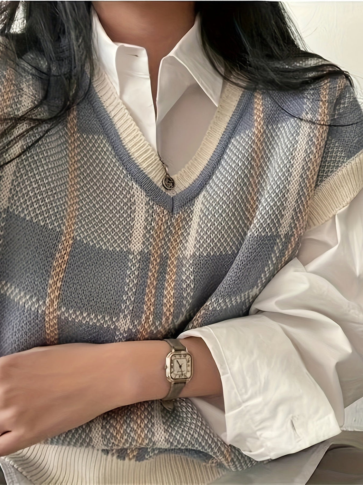 Marnie | Vintage Plaid V Neck Knit Sweater Vest