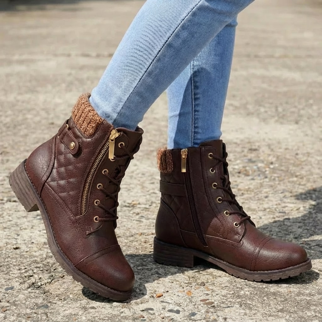 Women’s Lace-Up Ankle Boots with Knitted Cuff