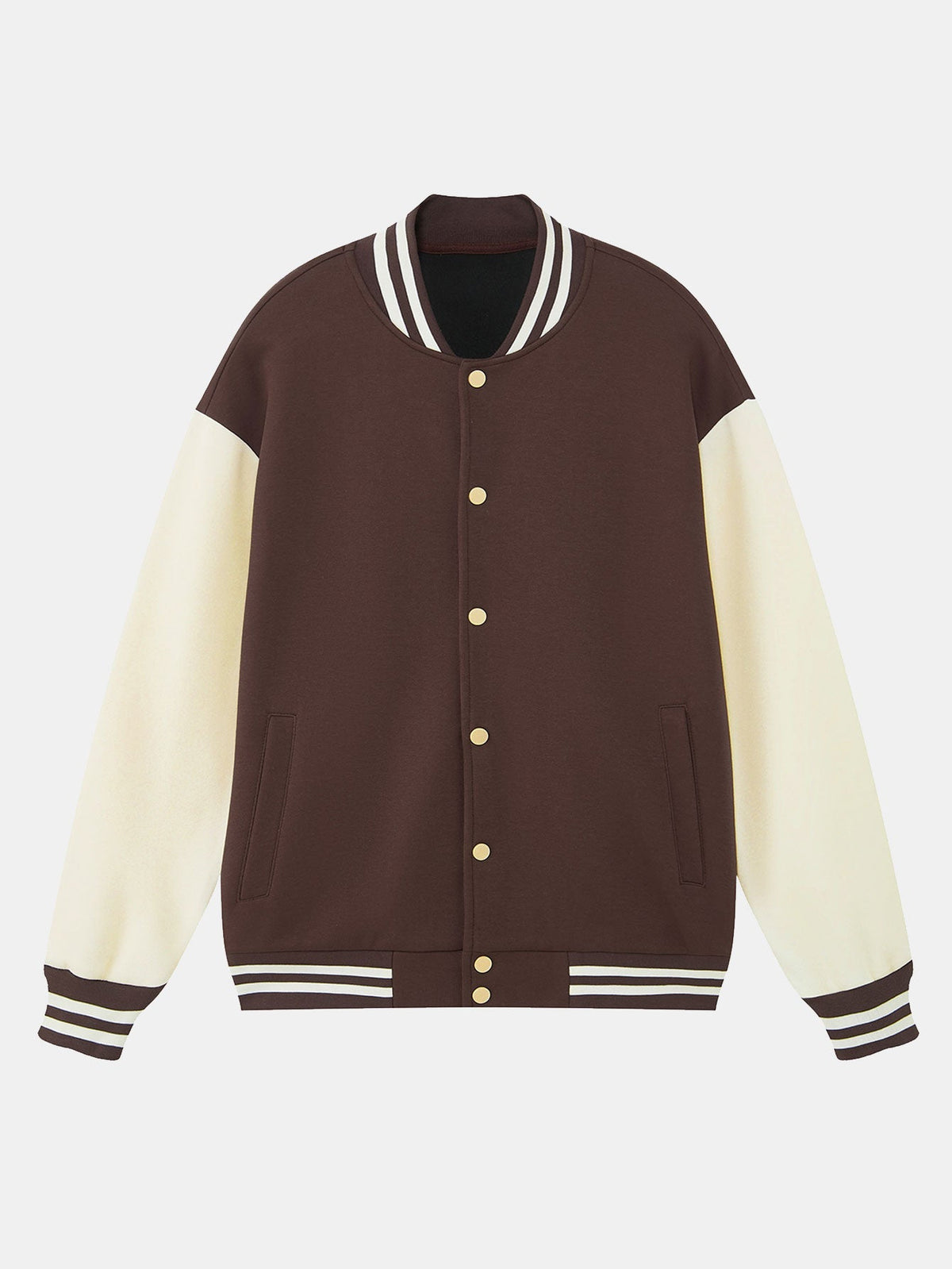 Men's Contrast Sleeve Varsity Baseball Jacket – Classic Cotton Snap-Button College Outerwear with Striped Ribbed Trims for Spring and Autumn