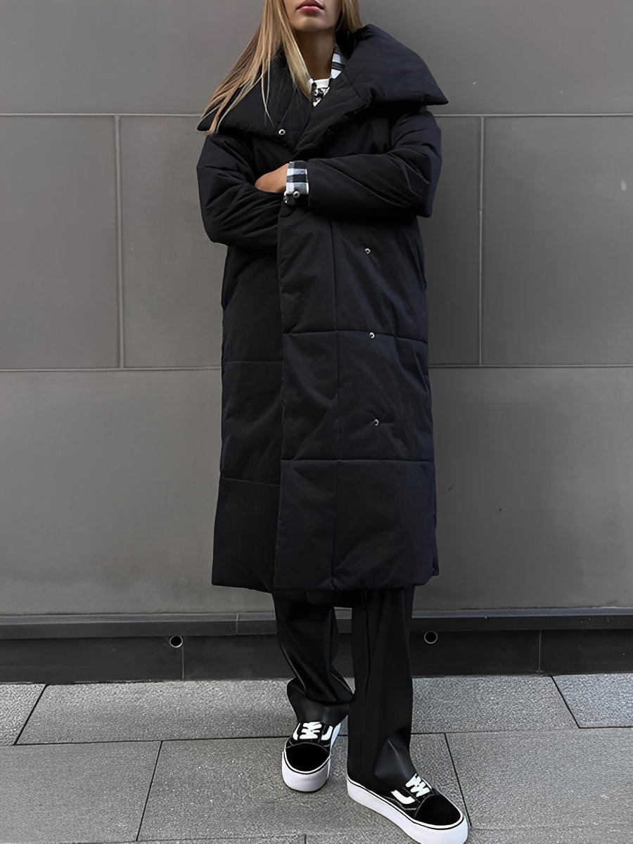 Women’s Longline Quilted Puffer Winter Coat with Oversized Shawl Collar – Warm Relaxed Padded Outerwear for Cold Weather
