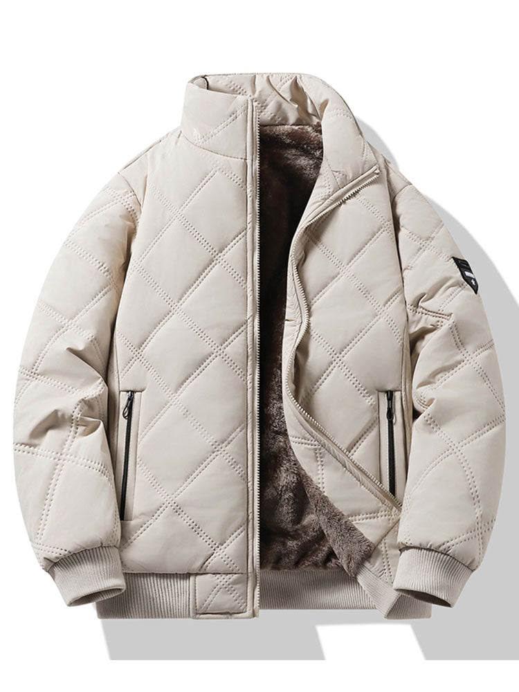 Men's Faux Fur-Lined Quilted Winter Jacket – Padded Stand Collar Zip-Up Coat with Warm Insulation and Zipped Pockets