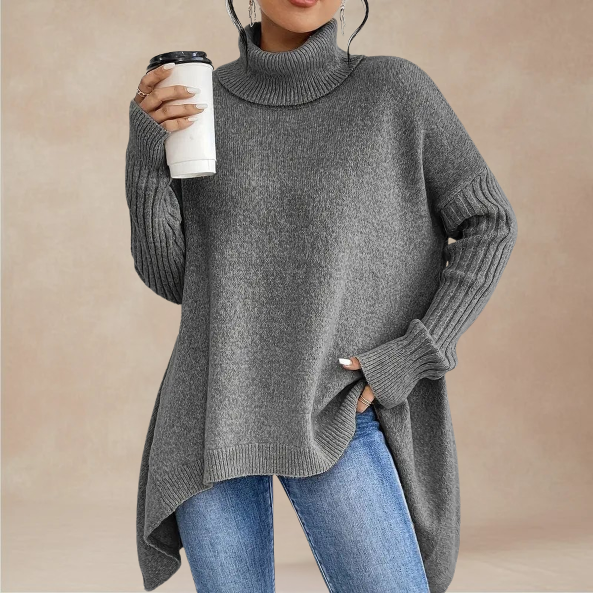 Women’s Oversized Roll-Neck Sweater with Ribbed Long Sleeves and Draped Hem for Comfortable Cold-Weather Layering