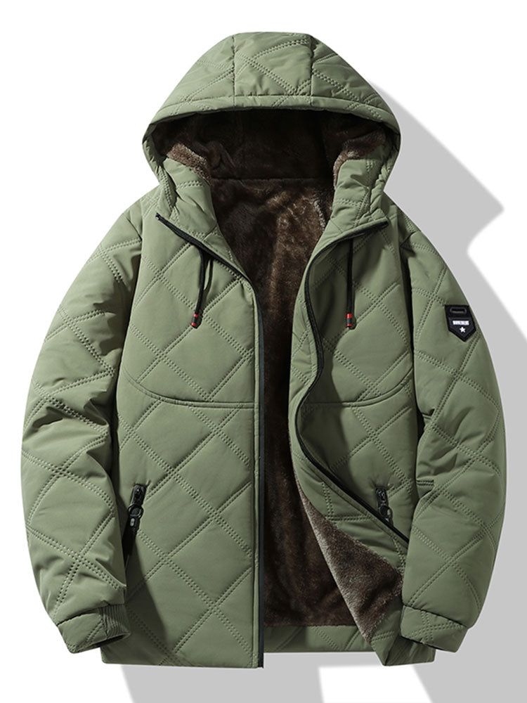 Men's Faux Fur-Lined Quilted Winter Jacket – Warm Hooded Zip-Up Coat with Pockets for Cold Weather and Outdoor Wear
